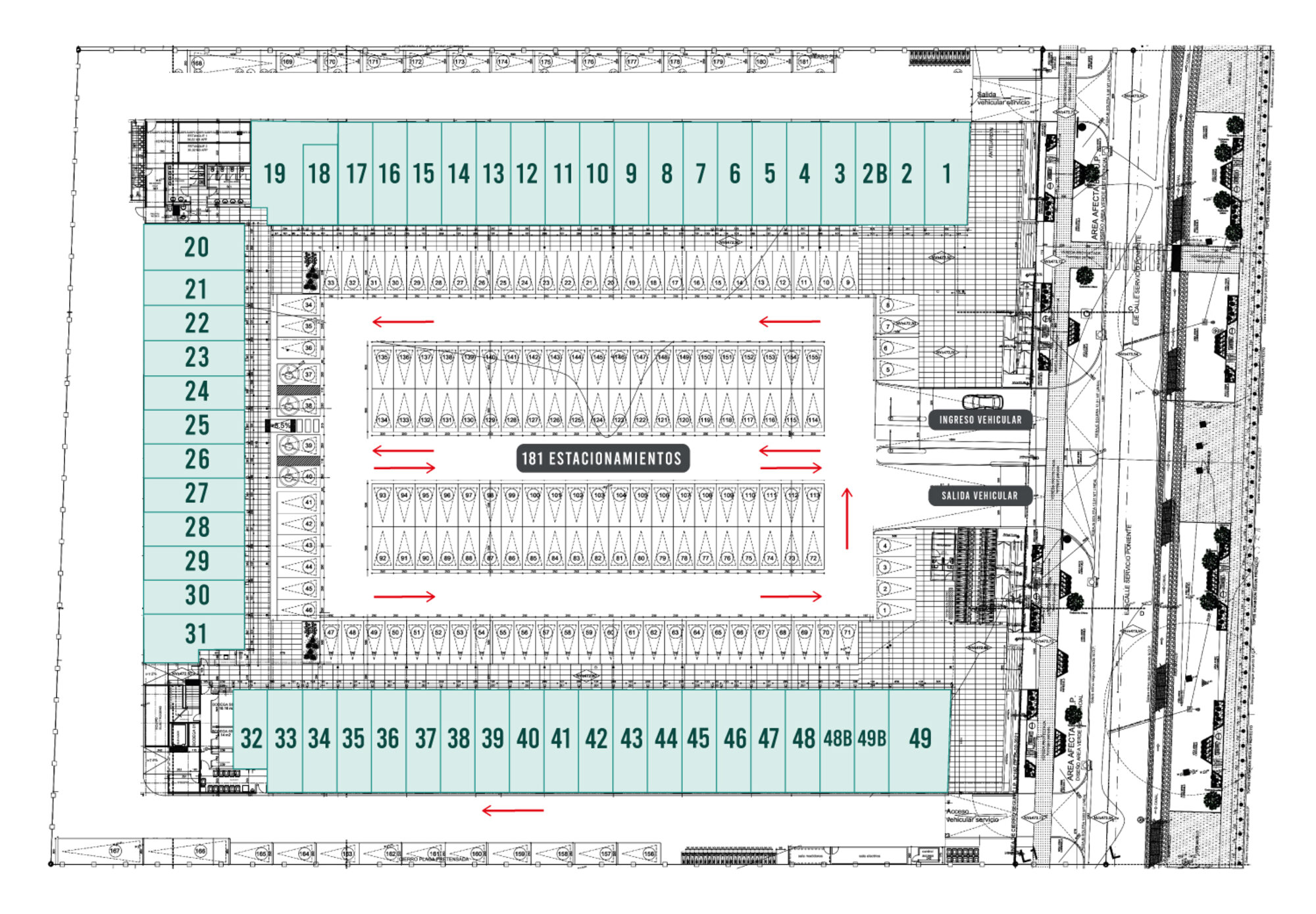 Plano de planta del primer piso de Portal Arenas con distribución de locales comerciales